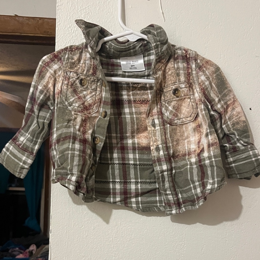 Plaid Button-Up Jacket with Distressed Accents - Olive & Rust